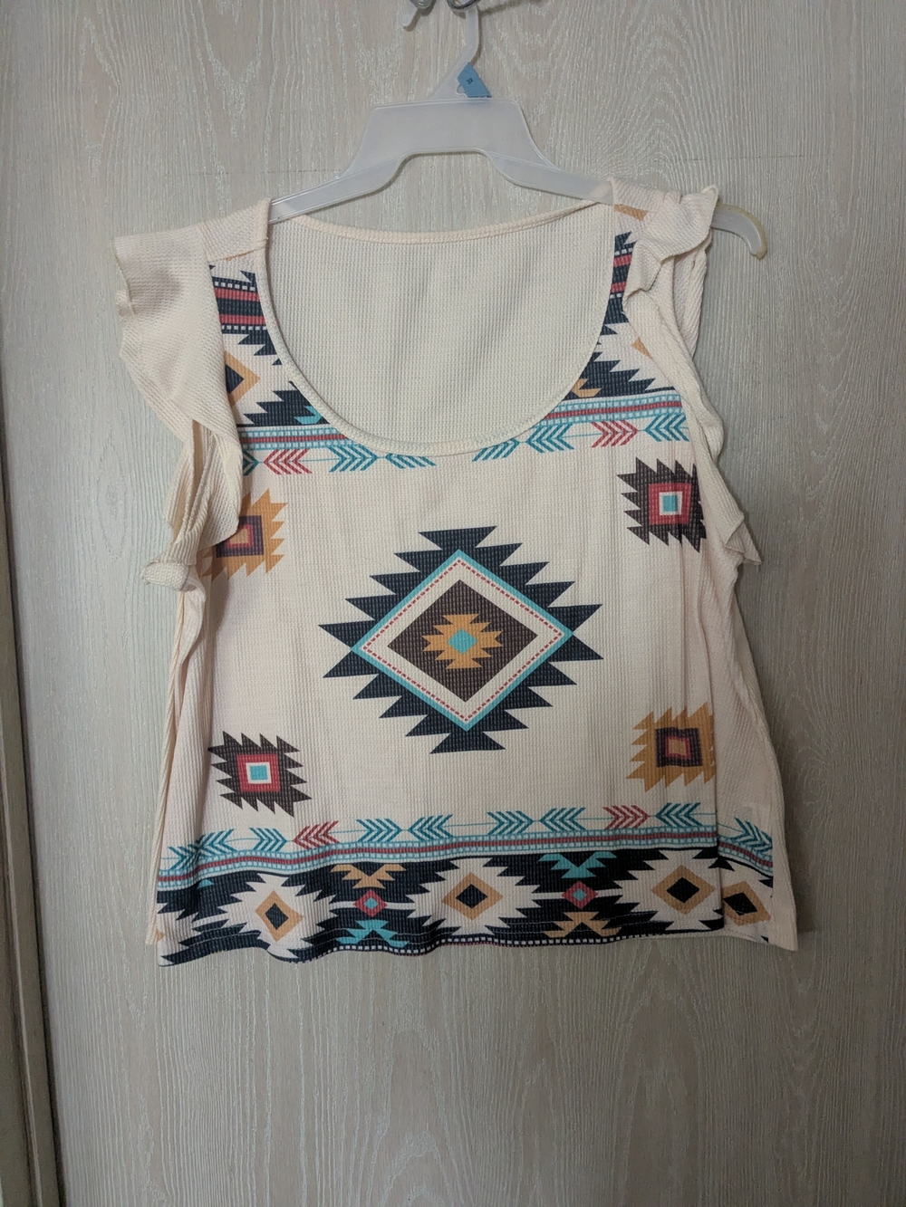 SHEIN Cream Aztec Ruffle Sleeve Tank with Multicolor Print
